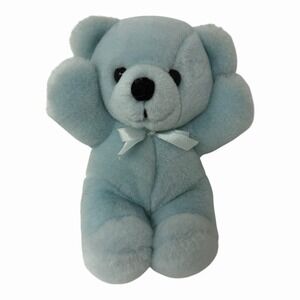 Blue Teddy Bear Vintage Plush with Bow Stuffed Animal